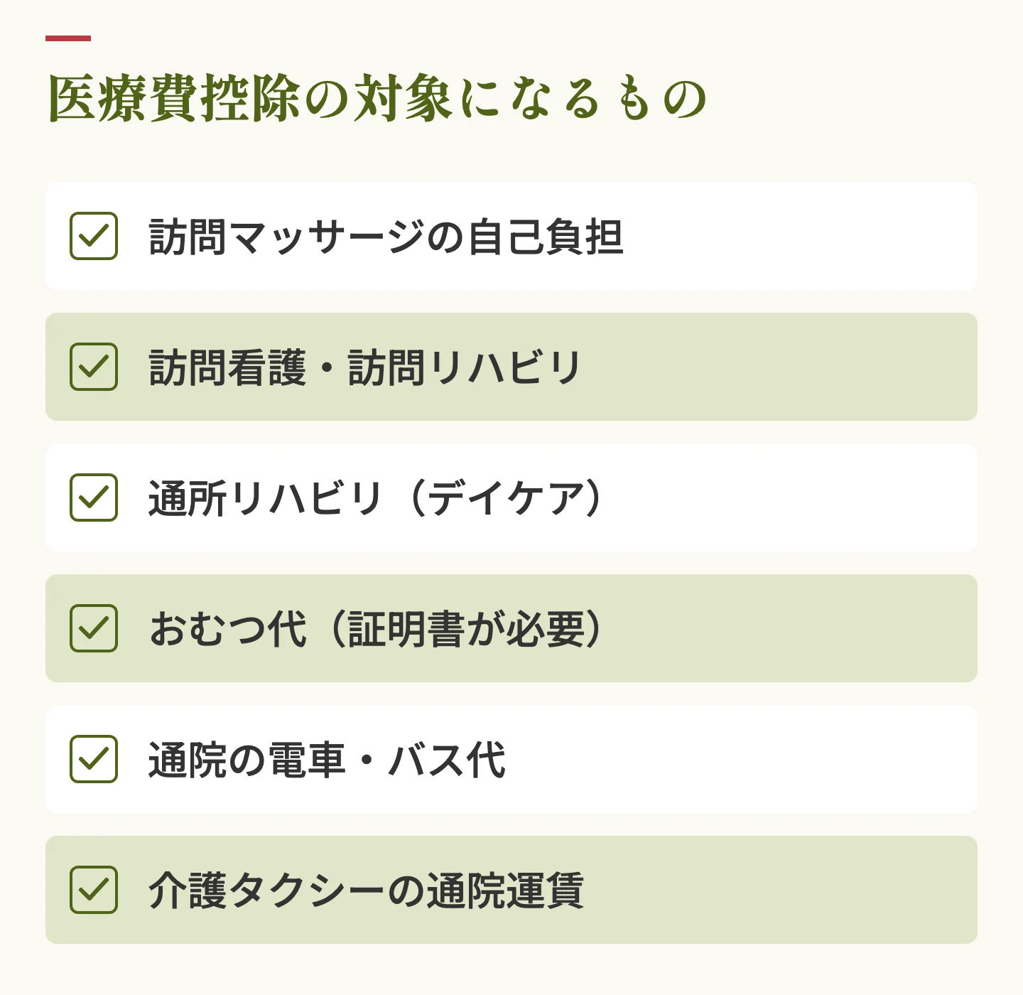 医療費控除の対象になるもののチェックリスト。訪問マッサージの自己負担、訪問看護・訪問リハビリ、通所リハビリ、おむつ代（証明書が必要）、通院の電車・バス代、介護タクシーの通院運賃